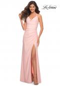 Picture of: Long Pastel Dress with Flattering Ruching and Slit in Light Pink, Detail Picture 2