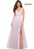 Picture of: Floor Length Tulle Gown with Plunging Lace Bodice in Light Pink, Style: 27621, Detail Picture 3
