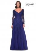 Picture of: Long Sleeve Lace and Tulle Dress with V Neckline in Marine Blue, Style: 30795, Main Picture