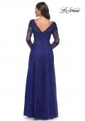 Picture of: Long Sleeve Lace and Tulle Dress with V Neckline in Marine Blue, Style: 30795, Back Picture
