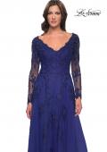Picture of: Long Sleeve Lace and Tulle Dress with V Neckline in Marine Blue, Style: 30795, Detail Picture 7