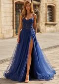 Picture of: Lace Corset Tulle Gown with High Slit and A-Line Skirt in Marine Blue, Style: 33436, Main Picture