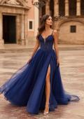 Picture of: Rhinestone Lace A-Line Gown with Sheer Bodice and Slit in Marine Blue, Style: 33674, Main Picture