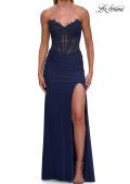 Picture of: Strapless Sheer Corset Gown with Beaded Lace and High Slit in Marine Blue, Style: 33472, Detail Picture 8