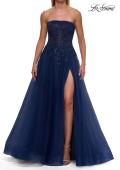 Picture of: Strapless A-Line Gown with Embroidered Corset and Slit in Marine Blue, Style: 33528, Detail Picture 8