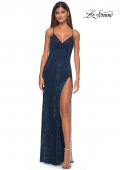 Picture of: Rhinestone Fishnet Dress with V Neck and Lace Up Back in Marine Blue, Style: 32203, Detail Picture 9