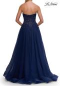 Picture of: Strapless A-Line Gown with Embroidered Corset and Slit in Marine Blue, Style: 33528, Detail Picture 9