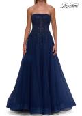 Picture of: Strapless A-Line Gown with Embroidered Corset and Slit in Marine Blue, Style: 33528, Detail Picture 10