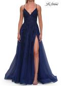 Picture of: Beaded A-Line Tulle Gown with Slit and Open Tie Back in Marine Blue, Style: 33715, Detail Picture 11
