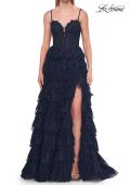 Picture of: Tiered Lace A-Line Gown with Corset Bodice and Slit in Marine Blue, Style: 33525, Detail Picture 12