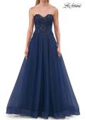 Picture of: Illusion Embroidered Lace Tulle Gown with Slit in Marine Blue, Style: 33551, Detail Picture 12