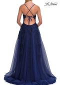 Picture of: Beaded A-Line Tulle Gown with Slit and Open Tie Back in Marine Blue, Style: 33715, Detail Picture 12
