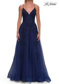 Picture of: Beaded A-Line Tulle Gown with Slit and Open Tie Back in Marine Blue, Style: 33715, Detail Picture 13