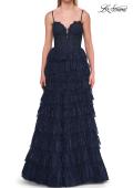 Picture of: Tiered Lace A-Line Gown with Corset Bodice and Slit in Marine Blue, Style: 33525, Detail Picture 14