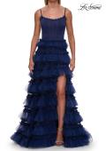 Picture of: Tiered Ruffle Gown with Beaded Bodice and High Slit in Marine Blue, Style: 33493, Detail Picture 16