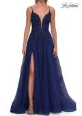 Picture of: Floral Beaded Tulle Gown with Slit and Lace-Up Back in Marine Blue, Style: 33716, Detail Picture 17