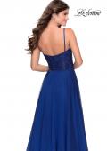 Picture of: Chiffon Prom Dress with Sheer Floral Lace Bodice in Marine Blue, Style: 28664, Back Picture