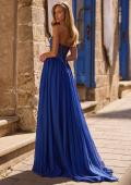 Picture of: Chiffon Gown with High Slit and Strapless Lace Top in Marine Blue, Style 32804, Back Picture