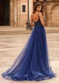 Picture of: Rhinestone Lace A-Line Gown with Sheer Bodice and Slit in Marine Blue, Style: 33674, Back Picture