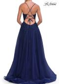 Picture of: Floral Beaded Tulle Gown with Slit and Lace-Up Back in Marine Blue, Style: 33716, Detail Picture 18