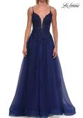 Picture of: Floral Beaded Tulle Gown with Slit and Lace-Up Back in Marine Blue, Style: 33716, Detail Picture 19
