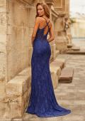 Picture of: Lace Embellished Gown with Spaghetti Straps and High Slit in Marine Blue, Style: 33473, Detail Picture 1