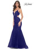 Picture of: Lace and Tulle Mermaid Gown with Side Cut Outs in Jewel Tones in Marine Blue, Style 31132, Detail Picture 7
