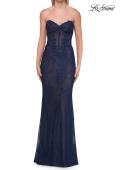 Picture of: Strapless Rhinestone Lace Gown with Sheer Corset Bodice in Marine Blue, Style: 33518, Detail Picture 6