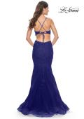 Picture of: Lace and Tulle Mermaid Gown with Side Cut Outs in Jewel Tones in Marine Blue, Style 31132, Detail Picture 9