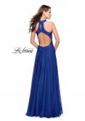 Picture of: Long A line Chiffon Dress with High Neck Lace Up Top in Marine Blue, Style: 25355, Back Picture