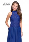 Picture of: Long A line Chiffon Dress with High Neck Lace Up Top in Marine Blue, Style: 25355, Detail Picture 1