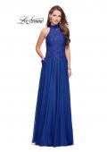 Picture of: Long A line Chiffon Dress with High Neck Lace Up Top in Marine Blue, Style: 25355, Detail Picture 4