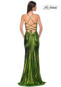 Picture of: Ruched Metallic Jersey Dress with Open Lace Up Back in Matcha , Style 32945, Detail Picture 8