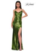 Picture of: Simple Metallic Jersey Dress with Draped Neckline and Low Back in Matcha , Style 32782, Detail Picture 13