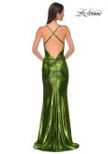 Picture of: Simple Metallic Jersey Dress with Draped Neckline and Low Back in Matcha , Style 32782, Detail Picture 14