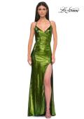 Picture of: Ruched Metallic Jersey Dress with Open Lace Up Back in Matcha , Style 32945, Detail Picture 7