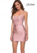 Picture of: Short Pastel Dress with Rhinestone Floral Lace Bodice in Mauve, Style: 29400, Detail Picture 1