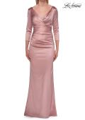 Picture of: V-Neck Satin Gown with Ruched Bodice and Three-Quarter Sleeves in Mauve, Style: 33152, Detail Picture 11