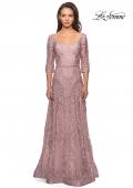 Picture of: Embroidered Lace Gown with V Neckline and Flare Skirt in Mauve, Style: 27949, Detail Picture 2