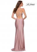 Picture of: Fitted Jersey Gown with Draped Neckline and Beaded Straps in Mauve, Style 29918, Back Picture