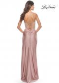 Picture of: Jersey Dress with Knot Detail and Sheer Rhinestone Bodice in Mauve, Style: 31556, Back Picture