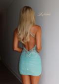 Picture of: Embellished Open-Back Ruched Mini Dress in Mermaid Green, Style 33928, Back Picture