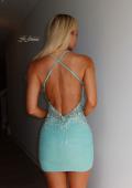 Picture of: Embellished Open-Back Ruched Mini Dress in Mermaid Green, Style 33928, Detail Picture 2