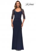 Picture of: Jersey Gown with Sheer Lace Sleeves and Ruching in Midnight Blue, Style: 28056, Detail Picture 1