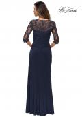 Picture of: Jersey Gown with Sheer Lace Sleeves and Ruching in Midnight Blue, Style: 28056, Detail Picture 2