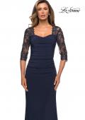 Picture of: Jersey Gown with Sheer Lace Sleeves and Ruching in Midnight Blue, Style: 28056, Detail Picture 5