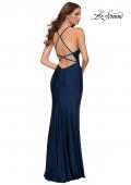 Picture of: Fitted Long Jersey Gown with Criss Cross Bodice in Midnight Blue, Style 29848, Detail Picture 9