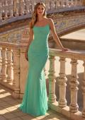 Picture of: Ruched Lace Fitted Gown with Strappy Open Back in Mint, Style: 33857, Main Picture