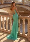 Picture of: Ruched Lace Fitted Gown with Strappy Open Back in Mint, Style: 33857, Back Picture