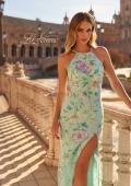 Picture of: Floral Embroidered Halter Gown with High Slit and Open Lace-Up Back in Mint, Style: 33869, Detail Picture 4